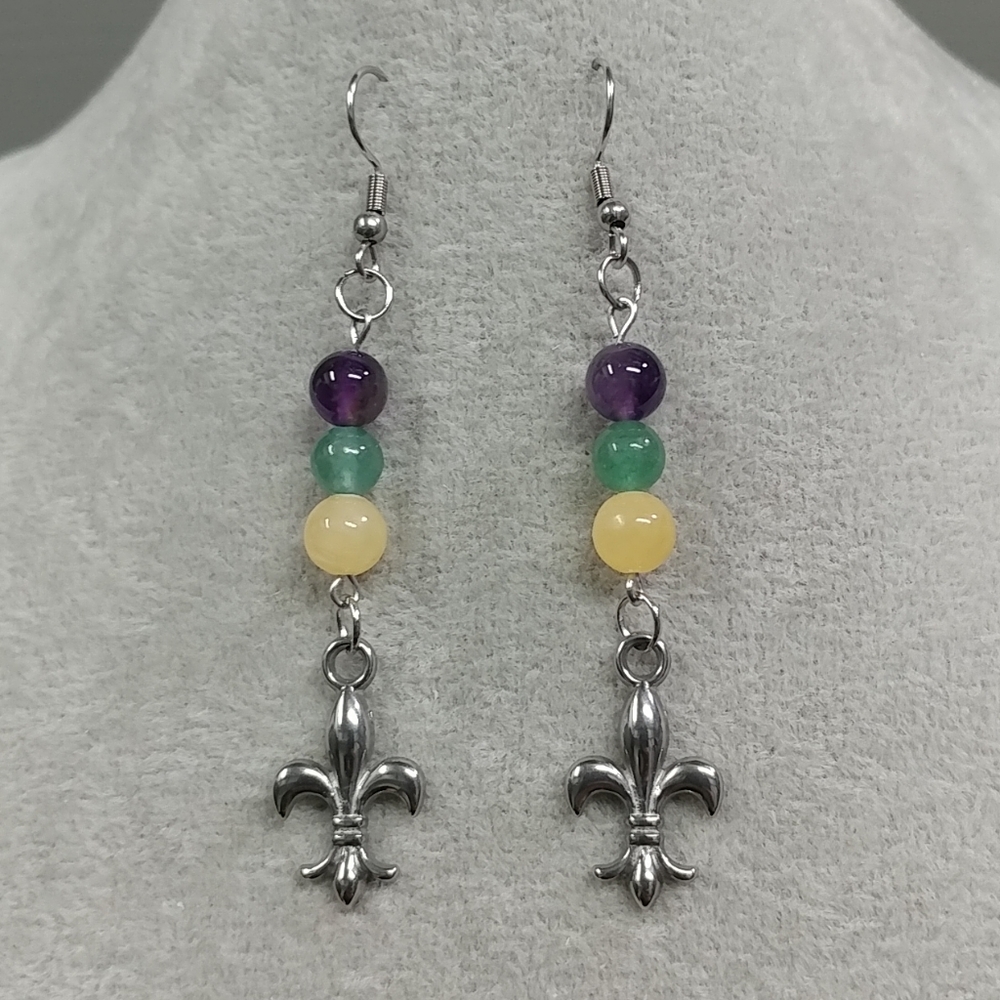 Mardi Gras Natural Gemstone Fleur De Lis Earrings Amethyst Aventurine Jade New